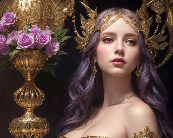 Fantasy Queen with Purple Hair and Roses Background