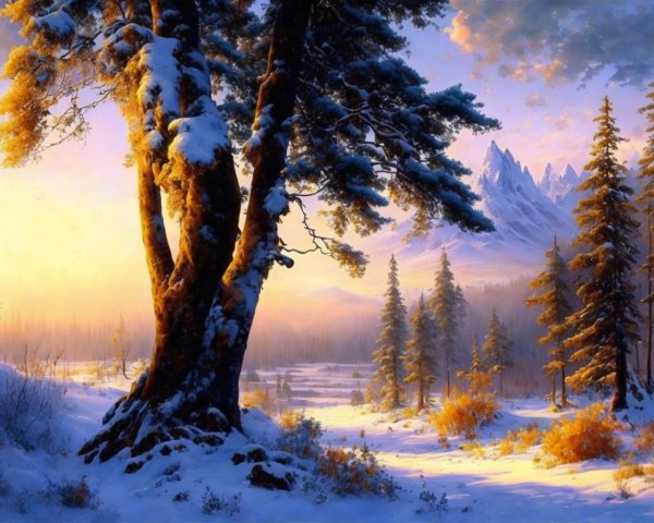 Snow-covered trees in serene winter landscape with glowing sunset