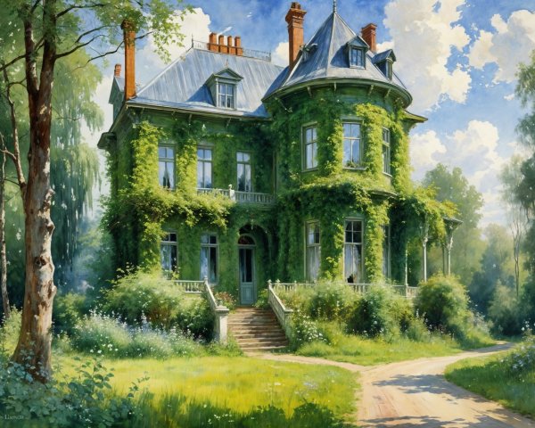 Victorian House Surrounded by Ivy and Wildflowers