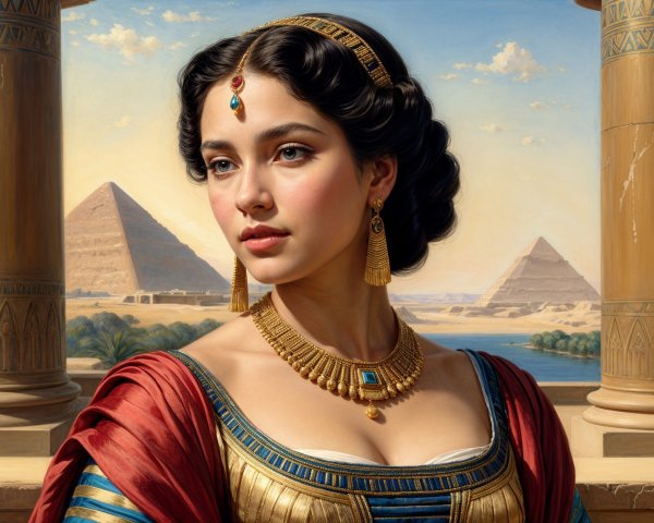 Ancient Egyptian Woman in Elaborate Attire and Jewelry