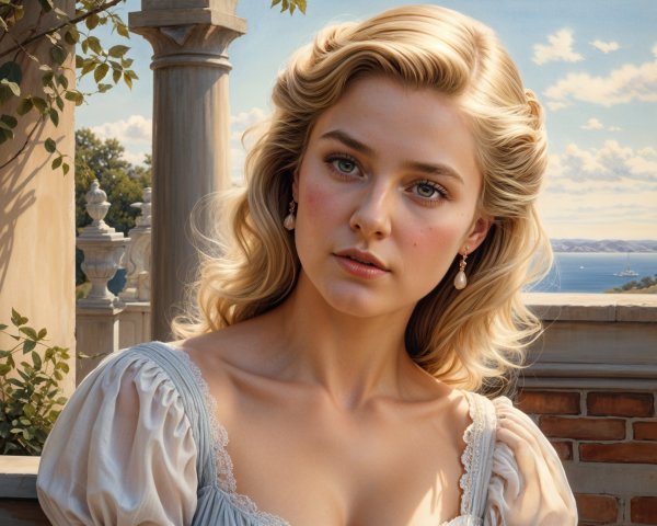 Young Woman in Elegant Dress by Serene Seaside Landscape