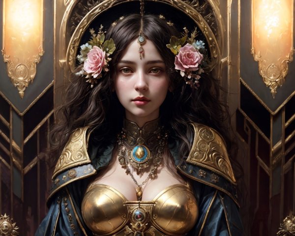 Young woman in ornate attire with pink roses and jewels