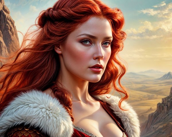 Woman with Red Hair in Dramatic Mountain Landscape