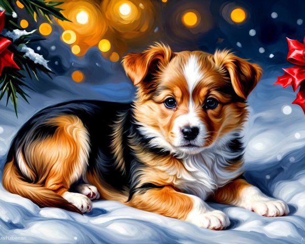 Puppy on Snowy Background with Holiday Decorations