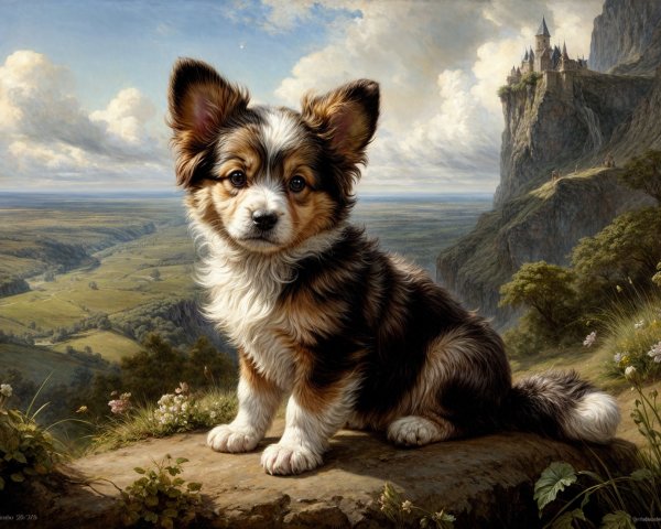 Puppy on Rocky Ledge with Scenic Landscape View