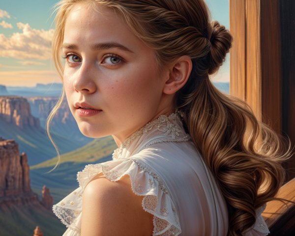 Young woman in vintage dress against scenic landscape