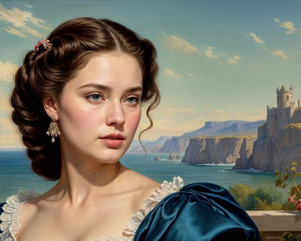 Young Woman in Blue Gown by Coastal Landscape