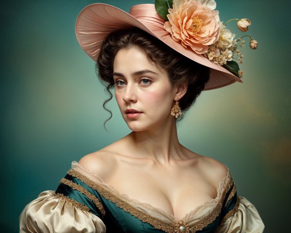 Vintage Portrait of Woman in Elegant Dress and Hat
