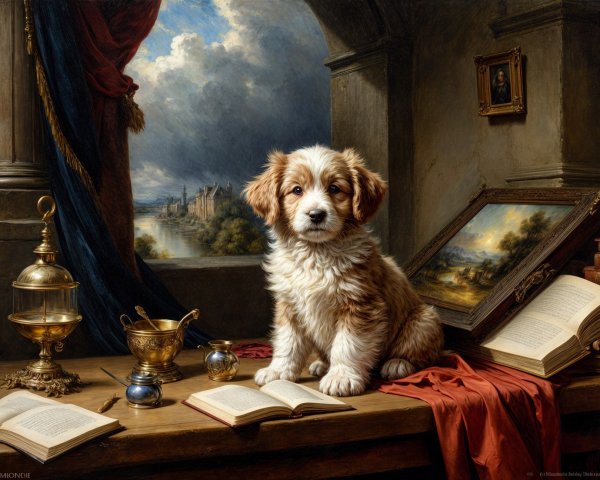 Puppy on Table Surrounded by Books and Artifacts