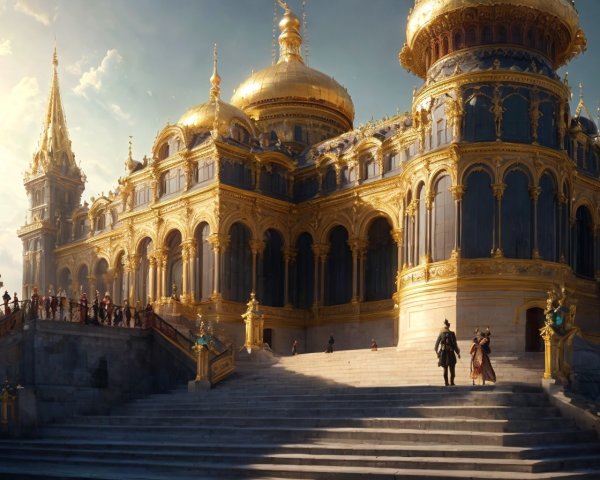 Grand palace with golden domes and busy stone steps