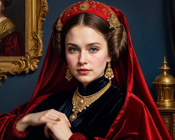 Elegant woman in red and black gown with jewelry