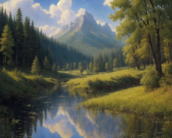 Tranquil landscape painting of river, forest reflection, mountain, cloudy sky