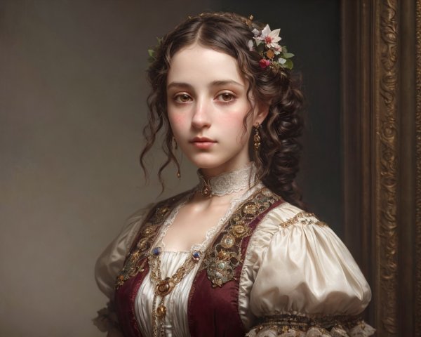 Young Woman in Ornate Historical Dress and Jewelry