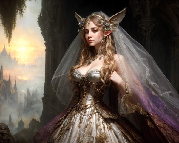 Elf-eared woman in fantasy bridal gown with veil and headdress by castle at sunset