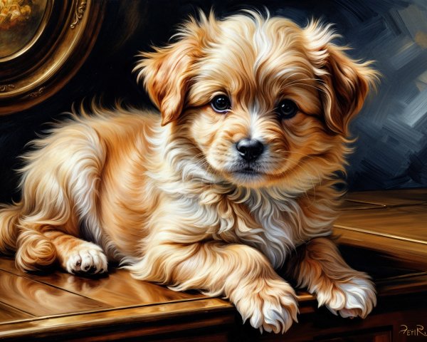 Golden-brown puppy on polished wooden surface portrait