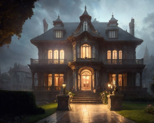 Victorian House at Dusk with Lit Windows and Fog