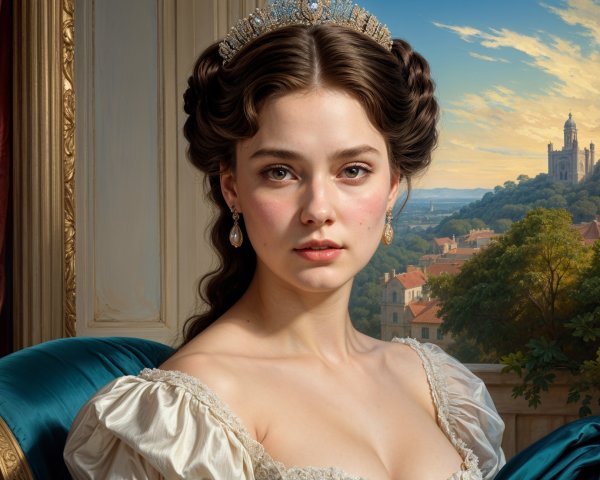 Young woman in gown with tiara in serene landscape