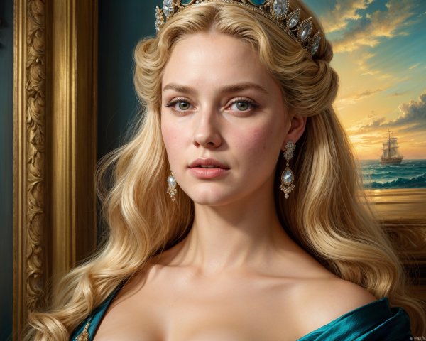 Regal young woman in blue gown by serene seascape
