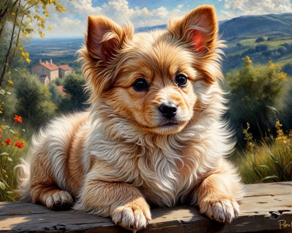 Golden-brown puppy on wooden surface in serene landscape