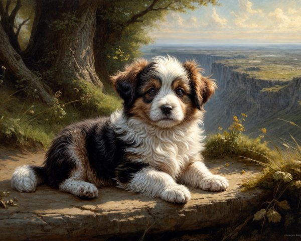 Tricolor Puppy on a Sunlit Log in Scenic Landscape