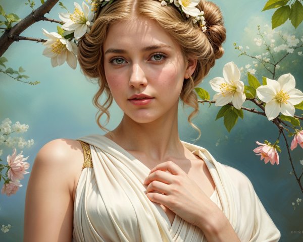 Young Woman with Floral Accents in Natural Setting