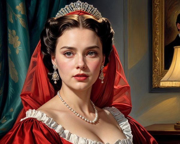 Young woman in red gown with tiara and pearls