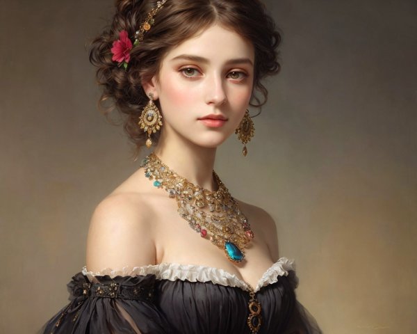 Portrait of a young woman with elaborate hairstyles and jewelry