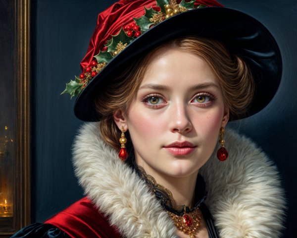 Elegant Young Woman in Festive Attire and Hat