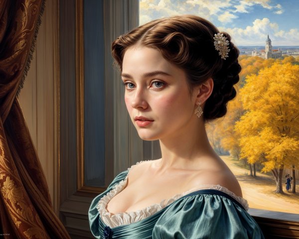 Elegant Woman in Teal Gown in Ornate Room