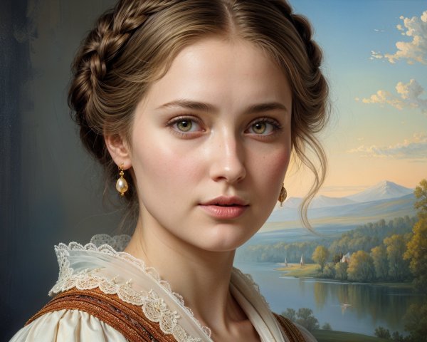 Young Woman in Traditional Lace Outfit in Scenic Landscape