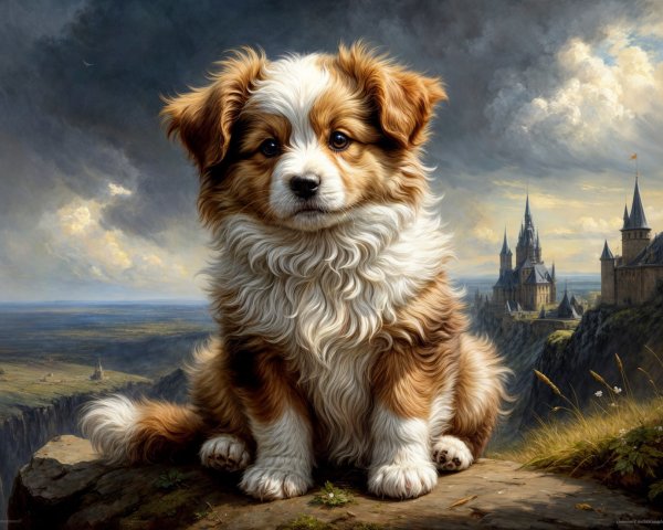 Fluffy Golden-Brown Puppy at Cliff with Scenic Landscape