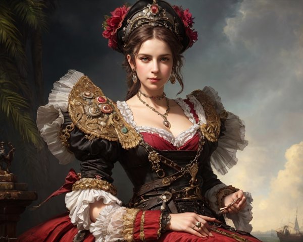 Victorian-style woman in elaborate dress and jewelry against classical backdrop