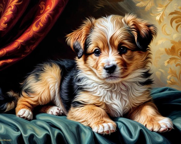 Charming Puppy Resting on Soft Green Fabric