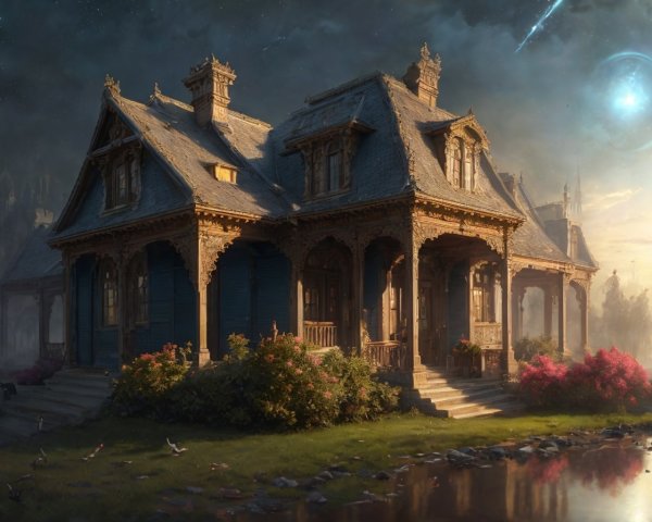 Victorian House by Pond at Serene Dusk with Comet