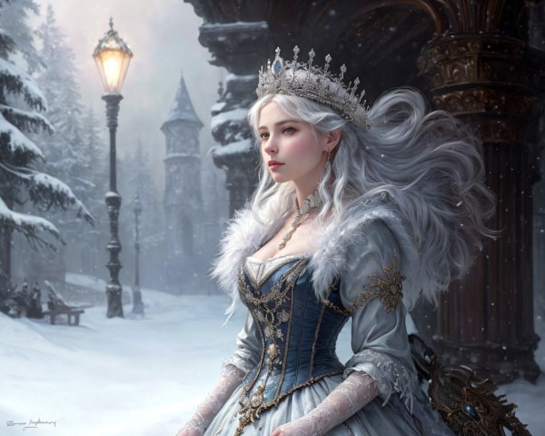 Silver-haired Winter Queen in Blue Gown Amidst Snowy Landscape