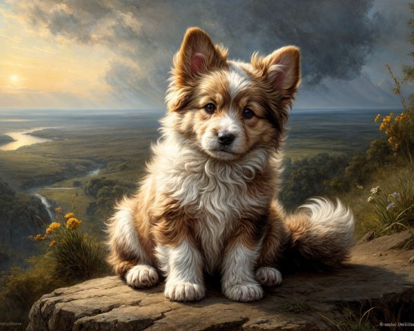 Fluffy Puppy on Rocky Ledge with Scenic Landscape