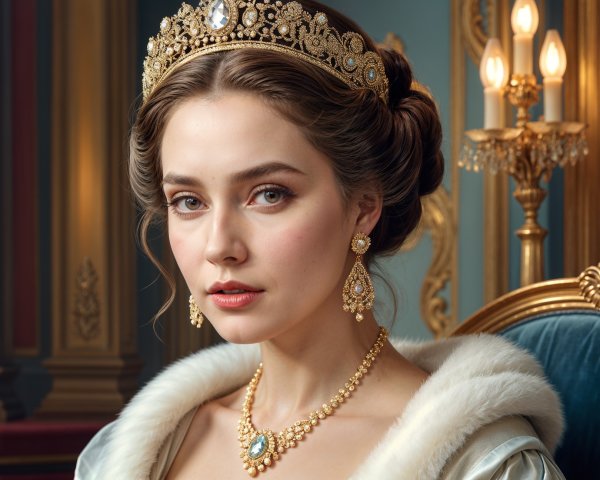 Elegant young woman in luxurious gown and crown