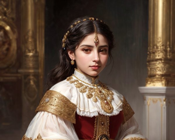 Young girl in opulent historical outfit and jewelry
