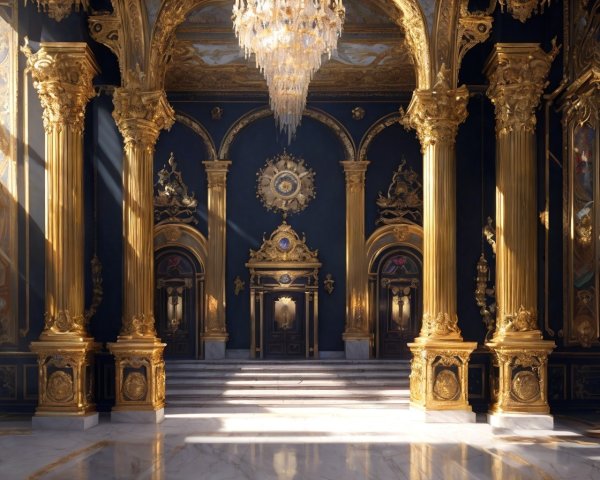 Luxurious Room with Golden Columns and Marble Floor