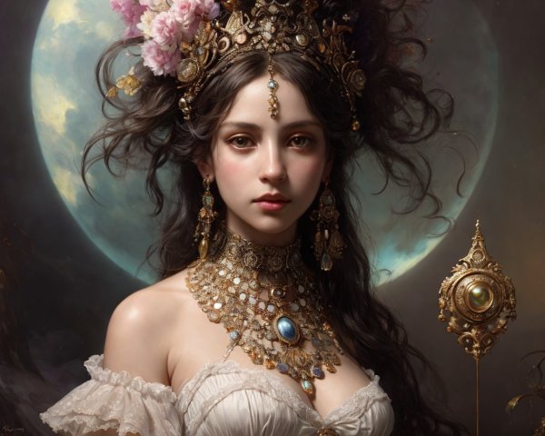 Ethereal Woman in Ornate Jewelry and Floral Headdress
