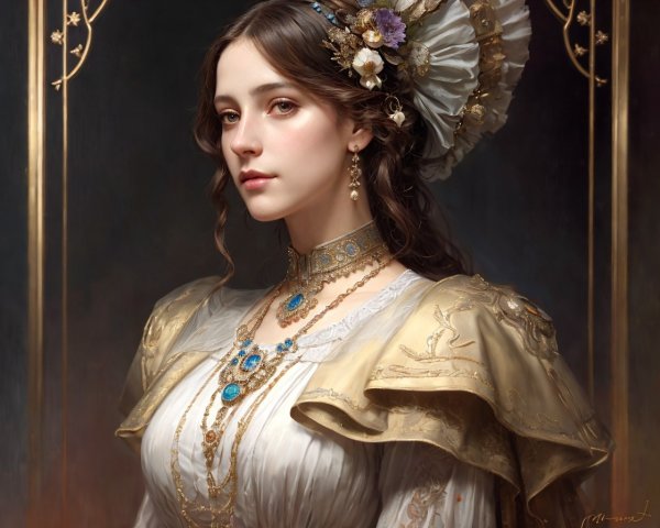 Young woman in ornate gown with elegant styling