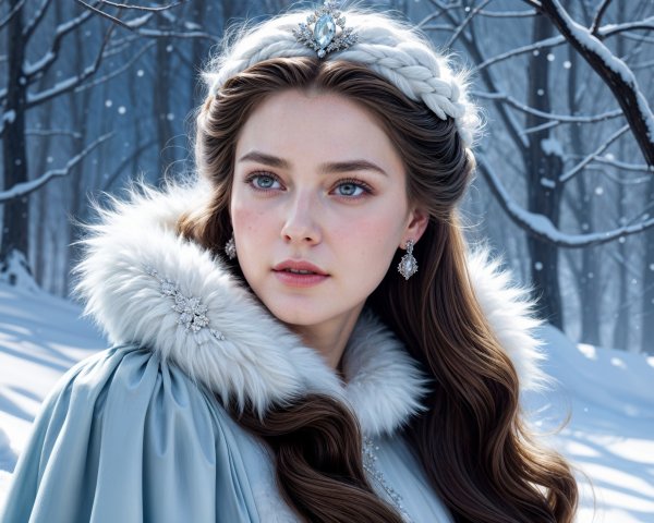 Young woman in a snowy forest with elegant attire