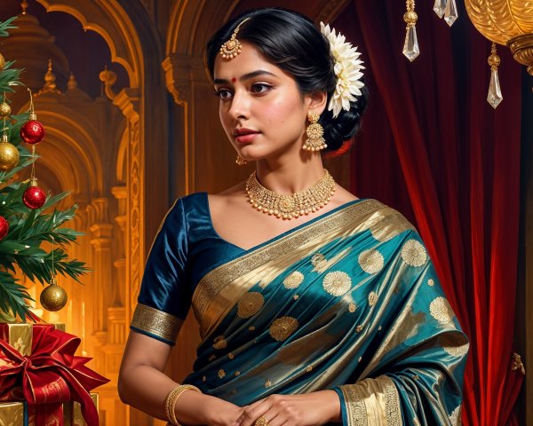 Elegant woman in teal saree with festive decorations