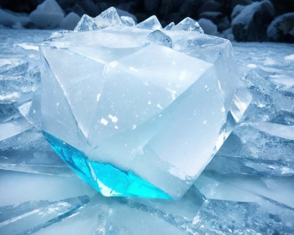 Translucent Blue Ice Block on Frosted Surface