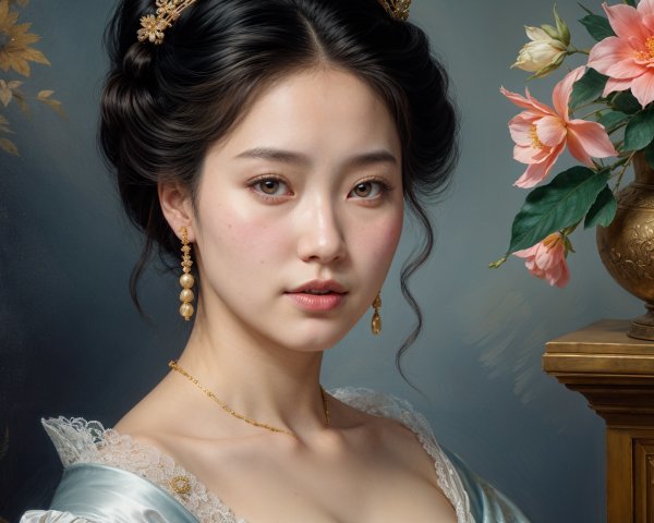 Young Woman in Vintage Blue Gown with Floral Backdrop
