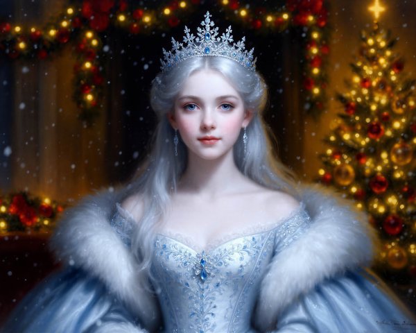 Snow Queen in Blue Dress with Christmas Decorations