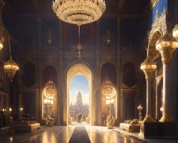 Luxurious Hall with Grand Chandeliers, Golden Frames, Statues, and Sunlit View