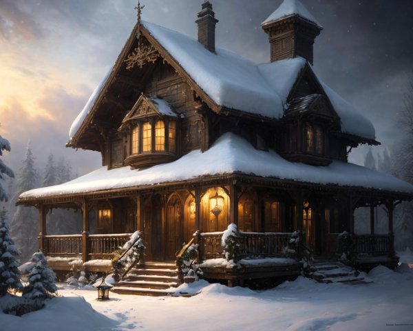 Cozy Wooden Cabin in Snowy Dusk Landscape