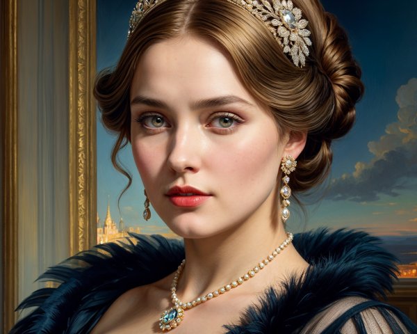 Elegant Young Woman in Luxurious Gown and Tiara