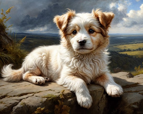 Golden and white dog on rocky ledge in scenic landscape